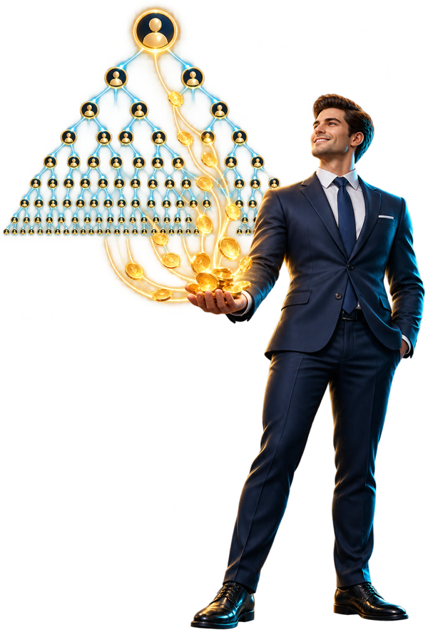 Realistic 3D business executive receiving claim bonus coins across generations