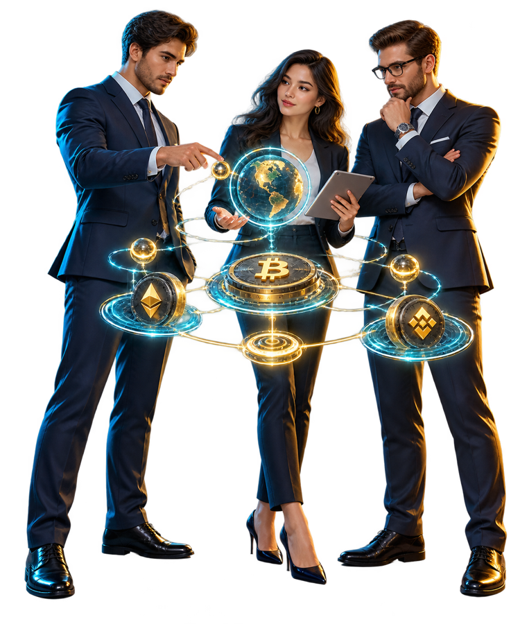 Realistic 3D business team connected through crypto community nodes