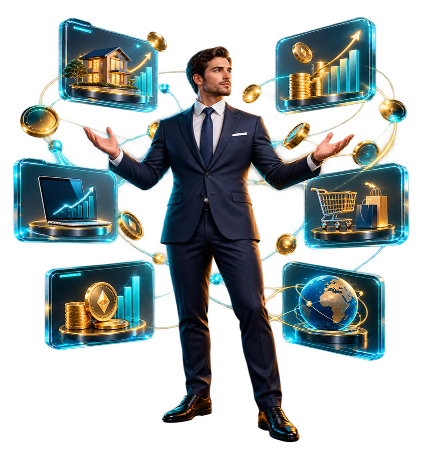 Realistic 3D business executive standing among multiple income stream panels