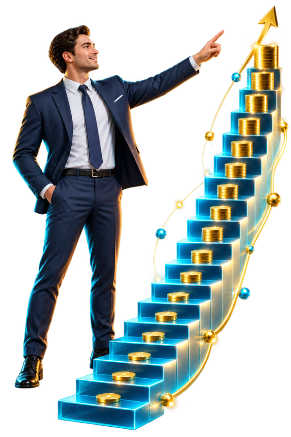 Realistic 3D business executive pointing at a rising level income ladder
