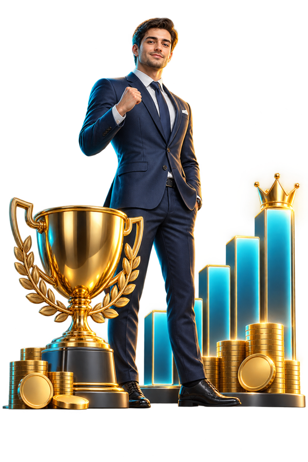 Realistic 3D business executive celebrating salary rank achievement with trophy