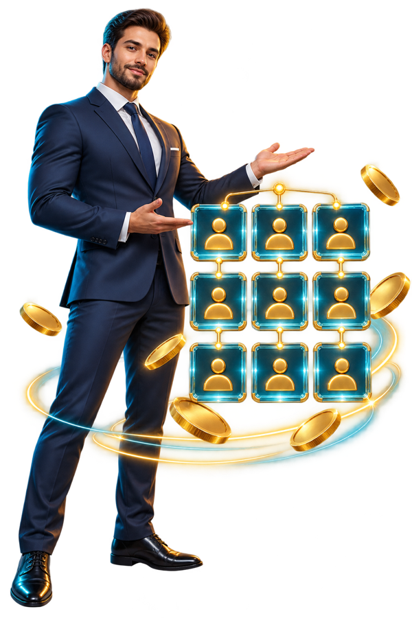 Realistic 3D business executive presenting automated slot blocks