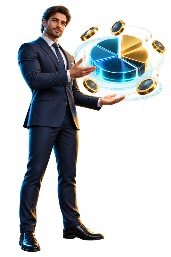 Realistic 3D business executive explaining a tokenomics pie chart