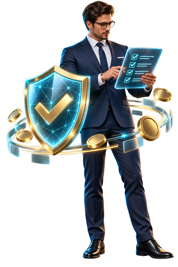 Realistic 3D business executive checking transparent token supply details